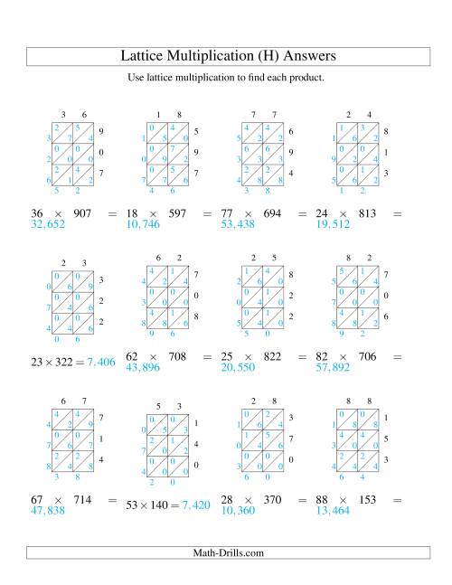 The Lattice Multiplication -- Two-digit by Three-digit (H) Math Worksheet Page 2