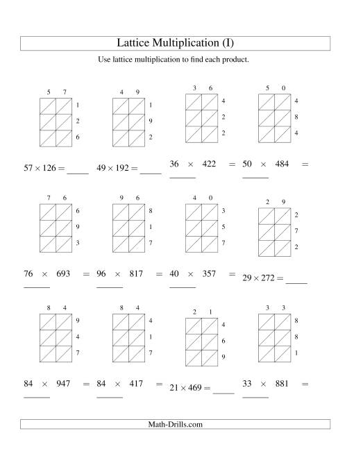 The Lattice Multiplication -- Two-digit by Three-digit (I) Math Worksheet