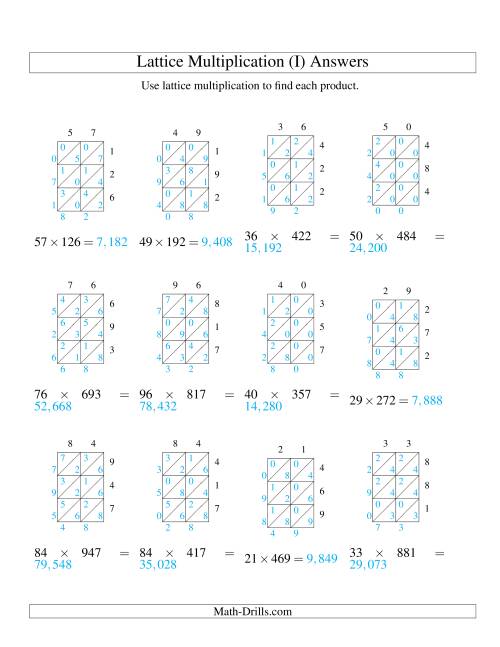 The Lattice Multiplication -- Two-digit by Three-digit (I) Math Worksheet Page 2