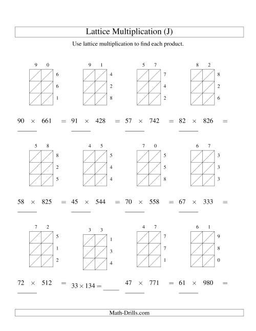 The Lattice Multiplication -- Two-digit by Three-digit (J) Math Worksheet