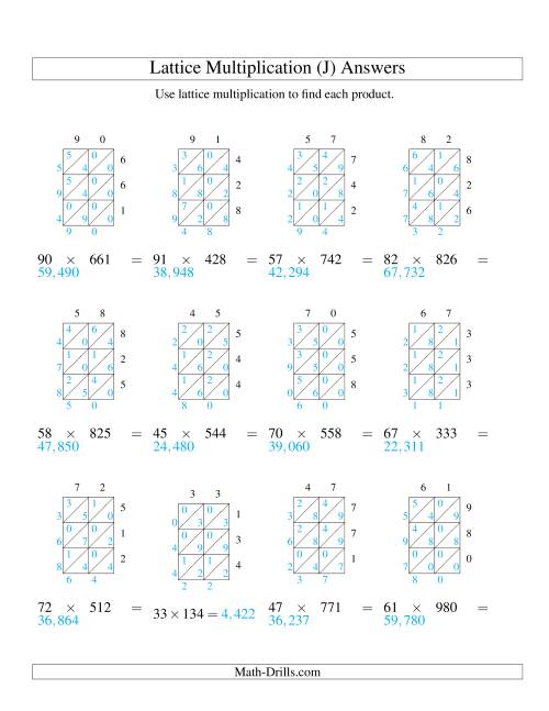 The Lattice Multiplication -- Two-digit by Three-digit (J) Math Worksheet Page 2