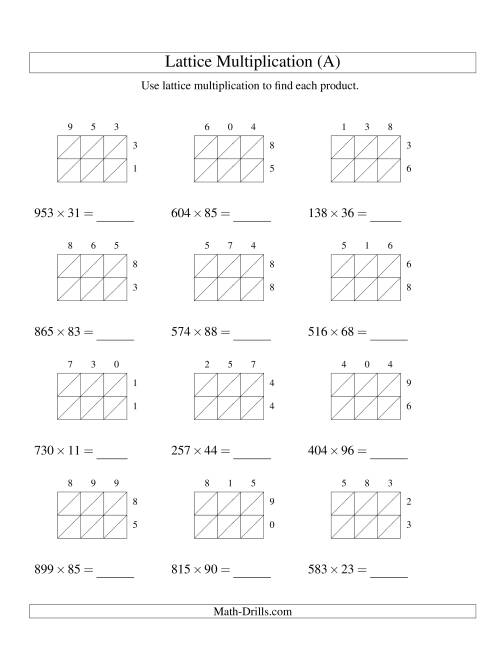 The Lattice Multiplication -- Three-digit by Two-digit (A) Math Worksheet