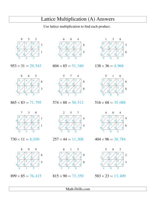 The Lattice Multiplication -- Three-digit by Two-digit (A) Math Worksheet Page 2