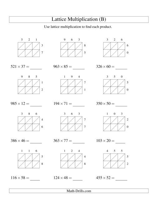 The Lattice Multiplication -- Three-digit by Two-digit (B) Math Worksheet