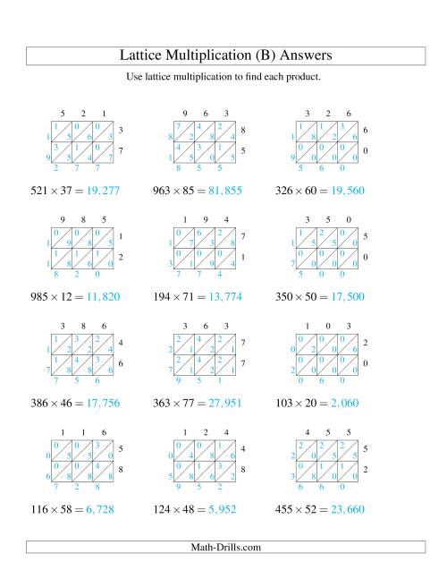 The Lattice Multiplication -- Three-digit by Two-digit (B) Math Worksheet Page 2