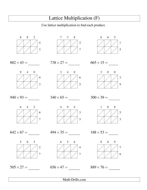 The Lattice Multiplication -- Three-digit by Two-digit (F) Math Worksheet