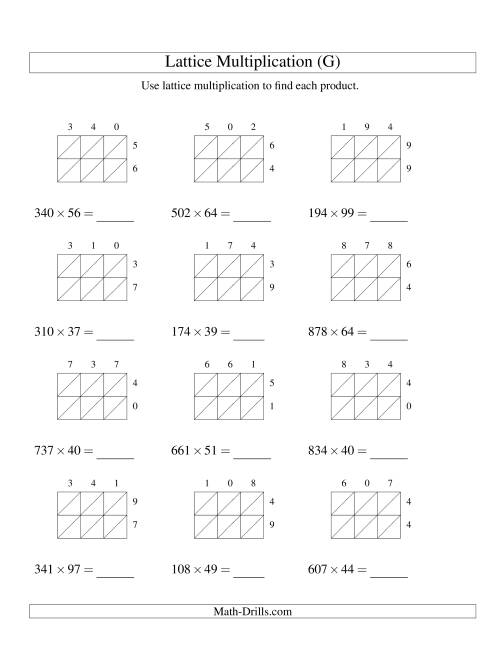 The Lattice Multiplication -- Three-digit by Two-digit (G) Math Worksheet