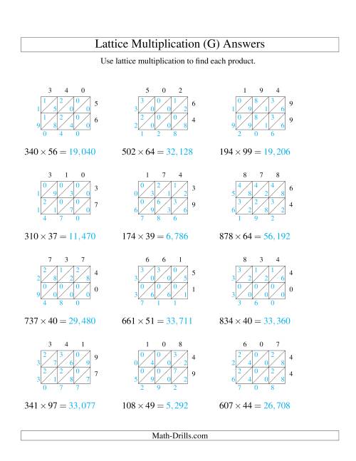 The Lattice Multiplication -- Three-digit by Two-digit (G) Math Worksheet Page 2