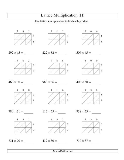 The Lattice Multiplication -- Three-digit by Two-digit (H) Math Worksheet