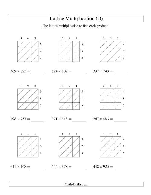 The Lattice Multiplication -- Three-digit by Three-digit (D) Math Worksheet
