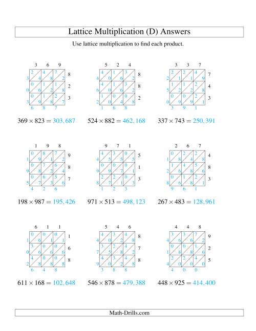 The Lattice Multiplication -- Three-digit by Three-digit (D) Math Worksheet Page 2