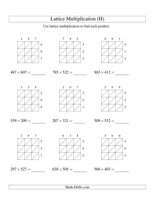 The Lattice Multiplication -- Three-digit by Three-digit (H) Math Worksheet