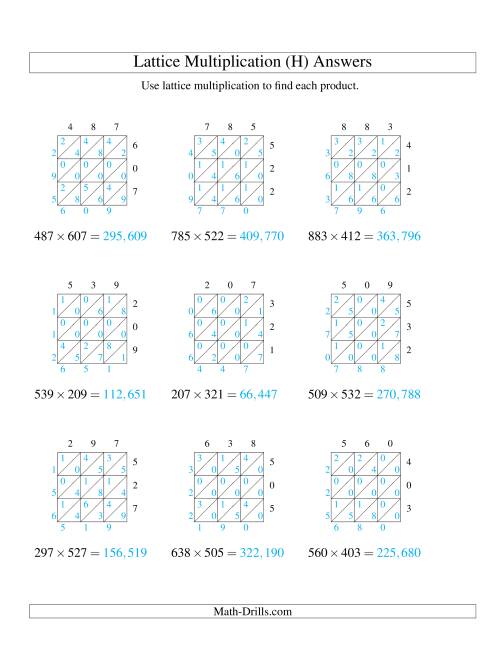 The Lattice Multiplication -- Three-digit by Three-digit (H) Math Worksheet Page 2