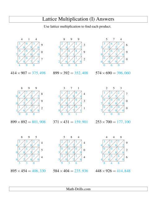 The Lattice Multiplication -- Three-digit by Three-digit (I) Math Worksheet Page 2