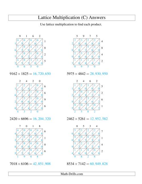 The Lattice Multiplication -- Four-digit by Four-digit (C) Math Worksheet Page 2