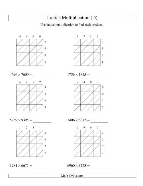 The Lattice Multiplication -- Four-digit by Four-digit (D) Math Worksheet