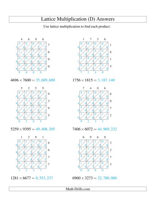 The Lattice Multiplication -- Four-digit by Four-digit (D) Math Worksheet Page 2