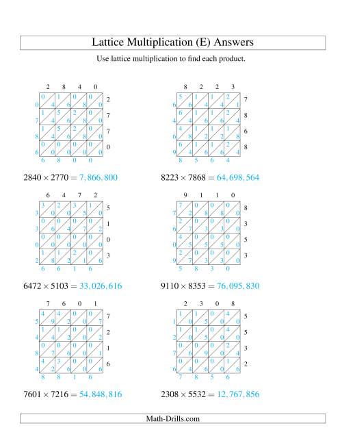 The Lattice Multiplication -- Four-digit by Four-digit (E) Math Worksheet Page 2