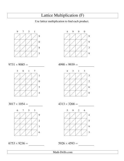 The Lattice Multiplication -- Four-digit by Four-digit (F) Math Worksheet