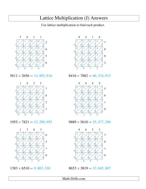 The Lattice Multiplication -- Four-digit by Four-digit (J) Math Worksheet Page 2