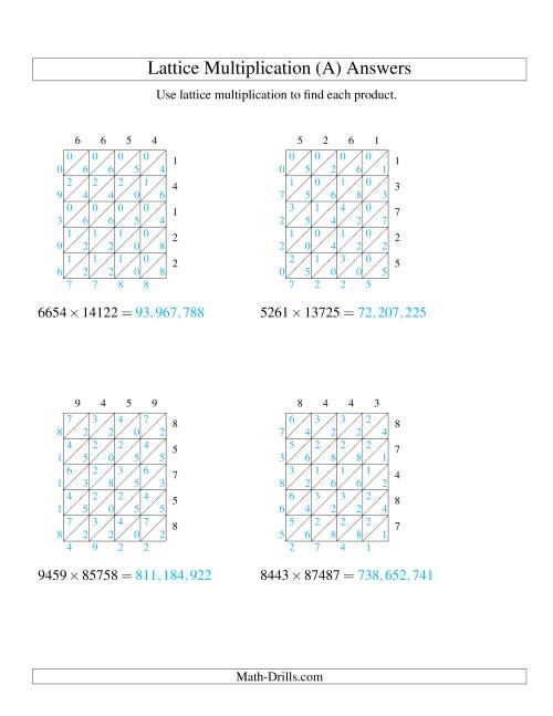 The Lattice Multiplication -- Four-digit by Five-digit (A) Math Worksheet Page 2