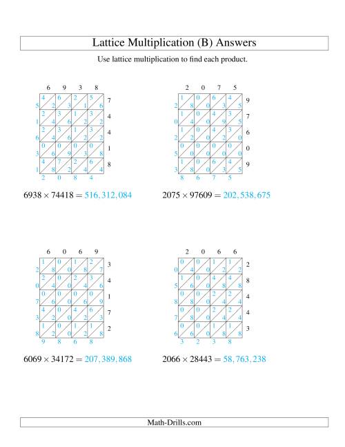 The Lattice Multiplication -- Four-digit by Five-digit (B) Math Worksheet Page 2