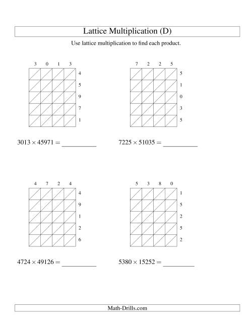 The Lattice Multiplication -- Four-digit by Five-digit (D) Math Worksheet