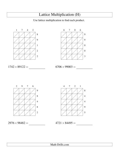 The Lattice Multiplication -- Four-digit by Five-digit (H) Math Worksheet