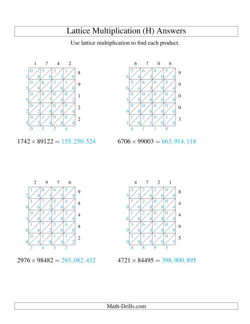 The Lattice Multiplication -- Four-digit by Five-digit (H) Math Worksheet Page 2