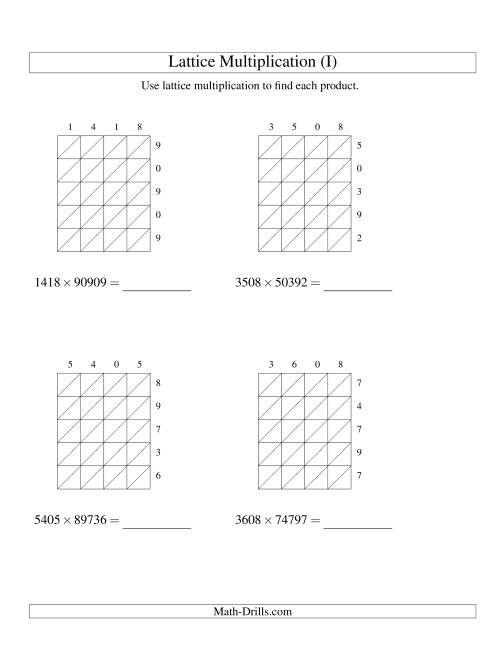 The Lattice Multiplication -- Four-digit by Five-digit (I) Math Worksheet