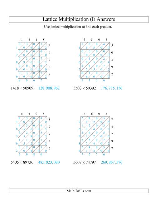 The Lattice Multiplication -- Four-digit by Five-digit (I) Math Worksheet Page 2