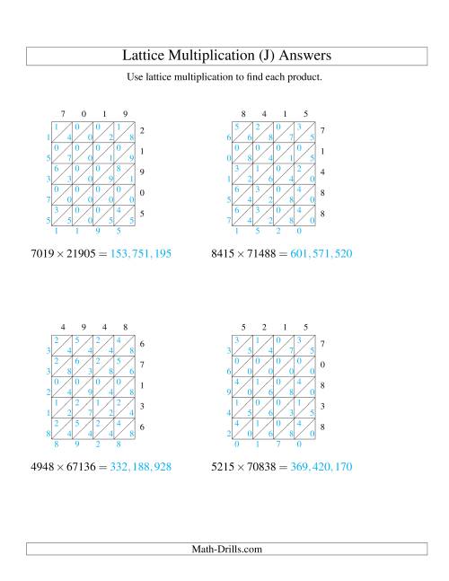 The Lattice Multiplication -- Four-digit by Five-digit (J) Math Worksheet Page 2