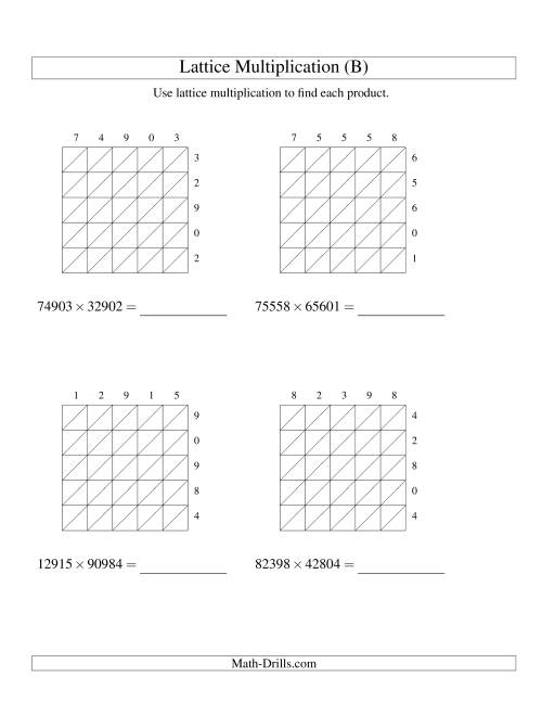 The Lattice Multiplication -- Five-digit by Five-digit (B) Math Worksheet