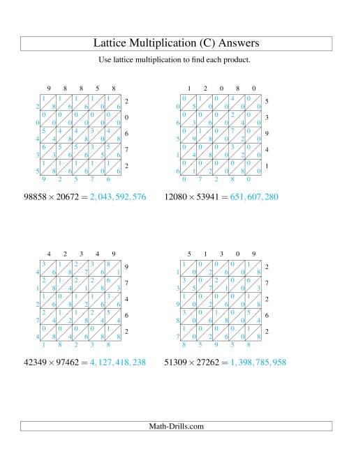 The Lattice Multiplication -- Five-digit by Five-digit (C) Math Worksheet Page 2