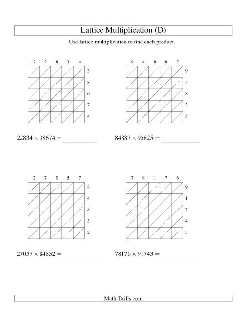 The Lattice Multiplication -- Five-digit by Five-digit (D) Math Worksheet