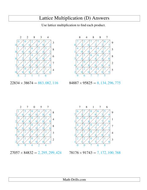 The Lattice Multiplication -- Five-digit by Five-digit (D) Math Worksheet Page 2