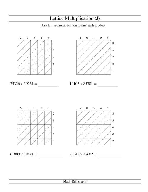 The Lattice Multiplication -- Five-digit by Five-digit (J) Math Worksheet