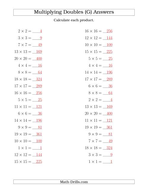 The Multiplying Doubles up to 20 by 20 (G) Math Worksheet Page 2