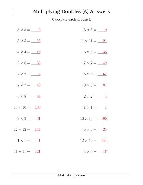 The Multiplying Doubles up to 12 by 12 (A) Math Worksheet Page 2