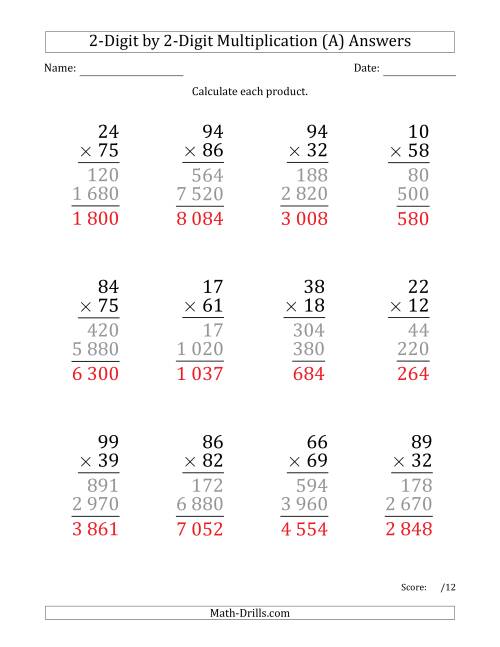 The Multiplying 2-Digit by 2-Digit Numbers (Large Print) with Space-Separated Thousands (A) Math Worksheet Page 2