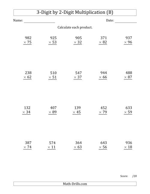 The Multiplying 3-Digit by 2-Digit Numbers with Comma-Separated Thousands (B) Math Worksheet