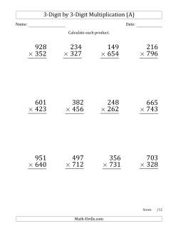 Multiplying 3-Digit by 3-Digit Numbers (Large Print) with Comma-Separated Thousands