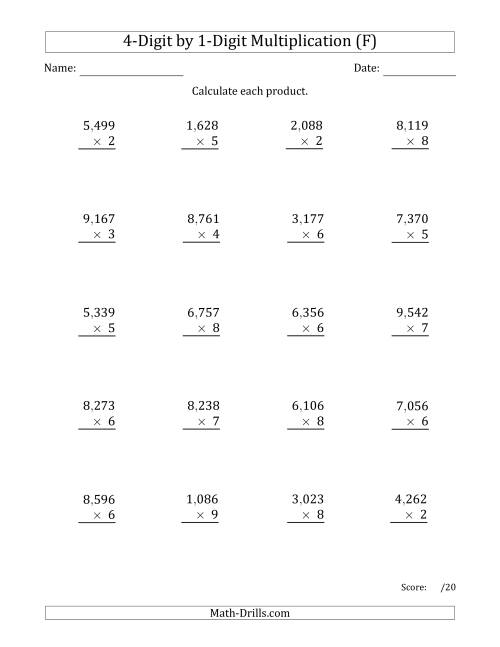 The Multiplying 4-Digit by 1-Digit Numbers with Comma-Separated Thousands (F) Math Worksheet