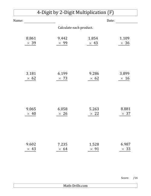 The Multiplying 4-Digit by 2-Digit Numbers with Comma-Separated Thousands (F) Math Worksheet