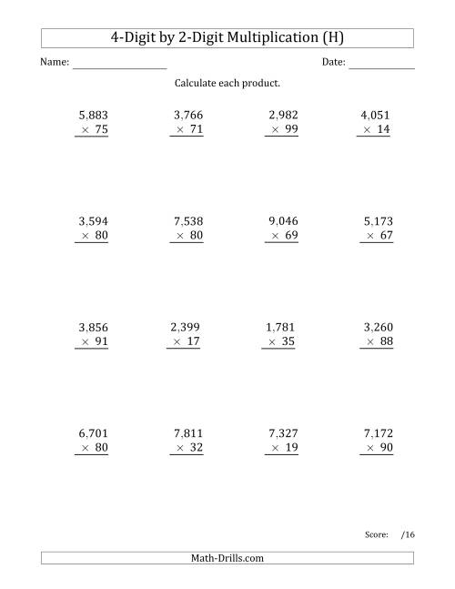 The Multiplying 4-Digit by 2-Digit Numbers with Comma-Separated Thousands (H) Math Worksheet
