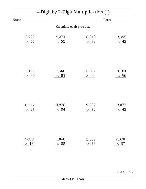 The Multiplying 4-Digit by 2-Digit Numbers with Comma-Separated Thousands (J) Math Worksheet