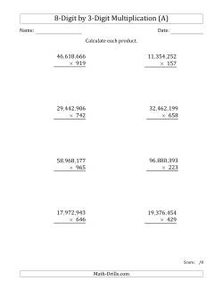 Multiplying 8-Digit by 3-Digit Numbers with Comma-Separated Thousands