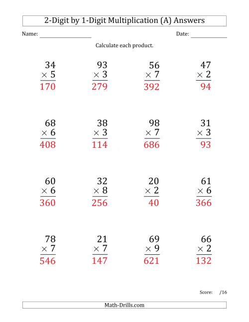 The Multiplying 2-Digit by 1-Digit Numbers (Large Print) (A) Math Worksheet Page 2
