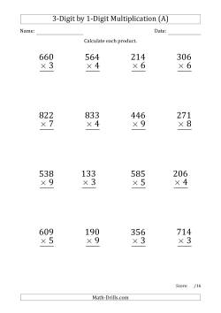 Multiplying 3-Digit by 1-Digit Numbers (Large Print) with Period-Separated Thousands