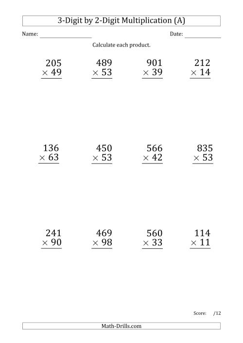 The Multiplying 3-Digit by 2-Digit Numbers (Large Print) with Period-Separated Thousands (A) Math Worksheet